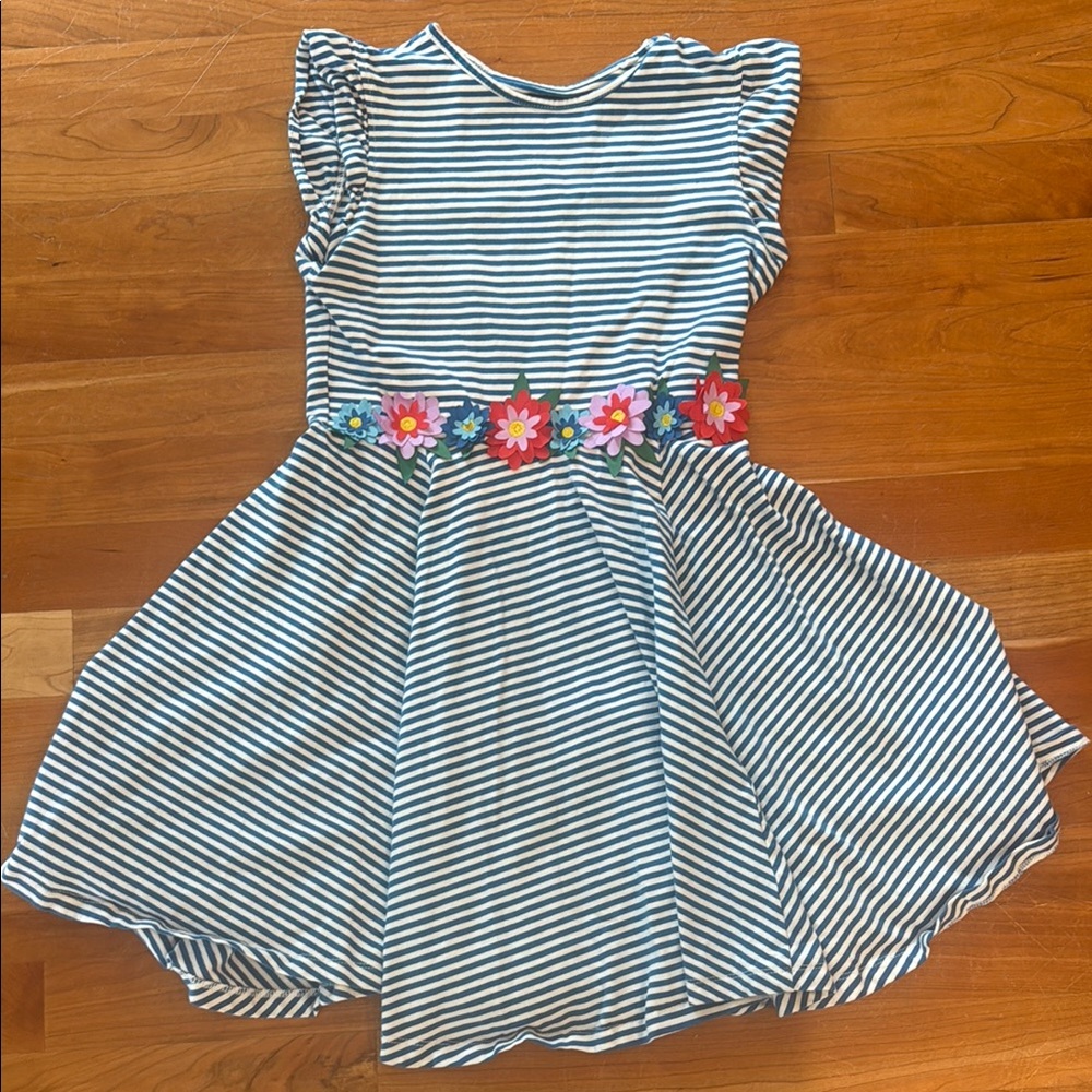 Mini Boden Black and White Striped Dress with Floral Accents, Size 9-10